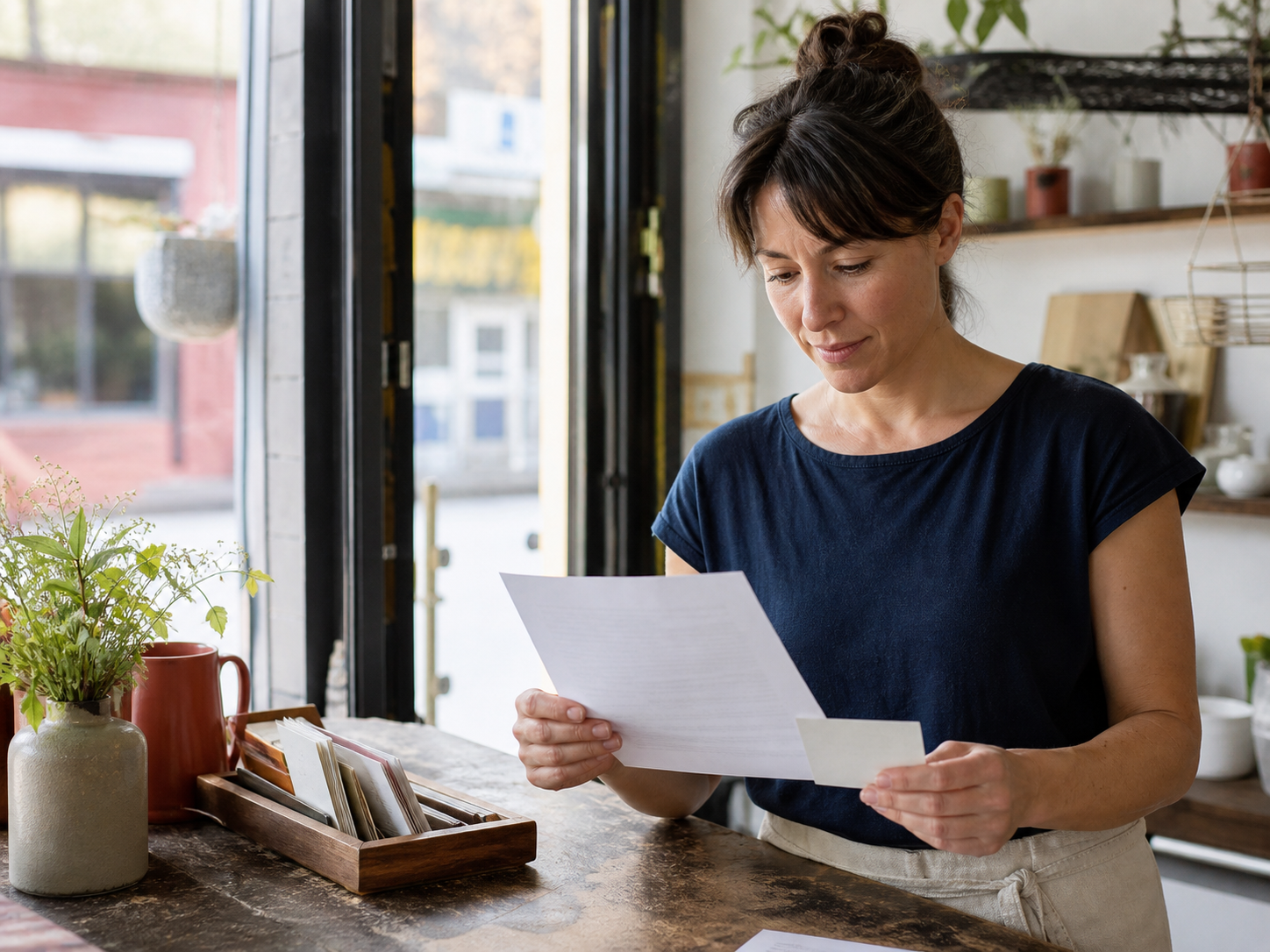 A local shop owner reviewing a service list at her counter